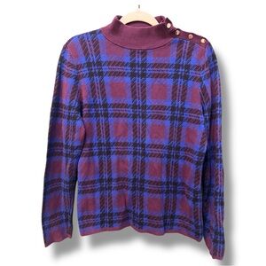 Ann Taylor Mock Neck 100% Cotton Plaid  Sweater. Size Large
